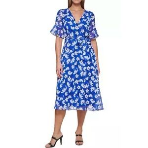 DKNY Blue Floral Midi Wrap Dress Size 12 Flutter Sleeve Tie Waist